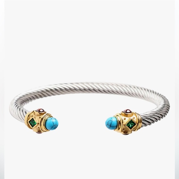 Silver twisted cuff bracelet with gold accents and rhinestones with turq… - Picture 1 of 5